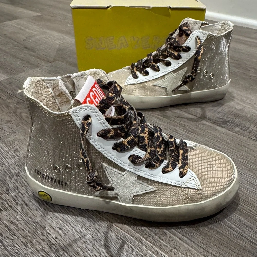 Golden Goose Francy Checkered Glitter Upper Leopard Print Laces High Top Sneaker